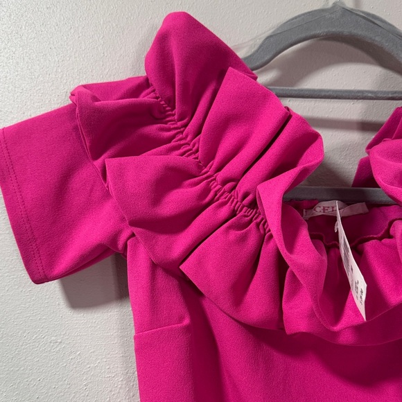 Chic Fuchsia Ruffle Blouse off the shoulder size Medium NWT hot pink classy 6013 - Picture 2 of 6